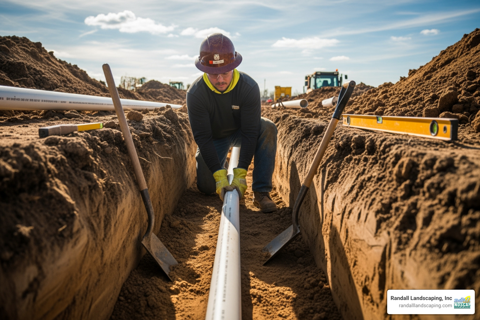 person laying PVC pipe in a trench - Garden sprinkler installation