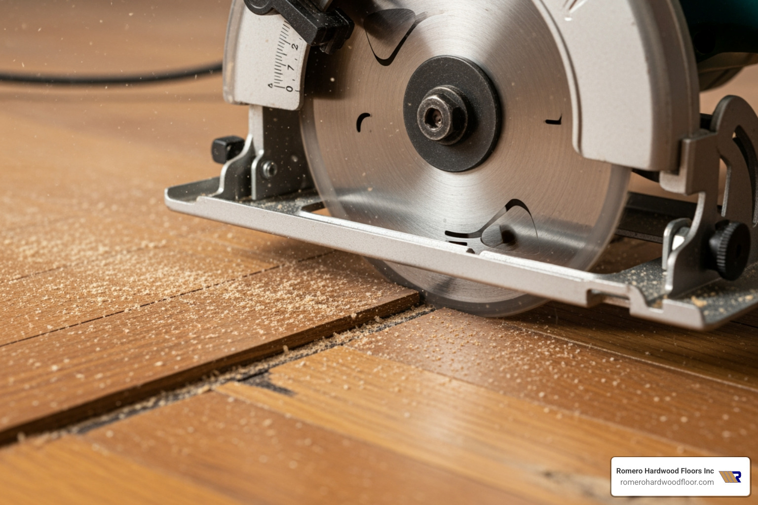 circular saw cutting a damaged floorboard - hardwood floor replace