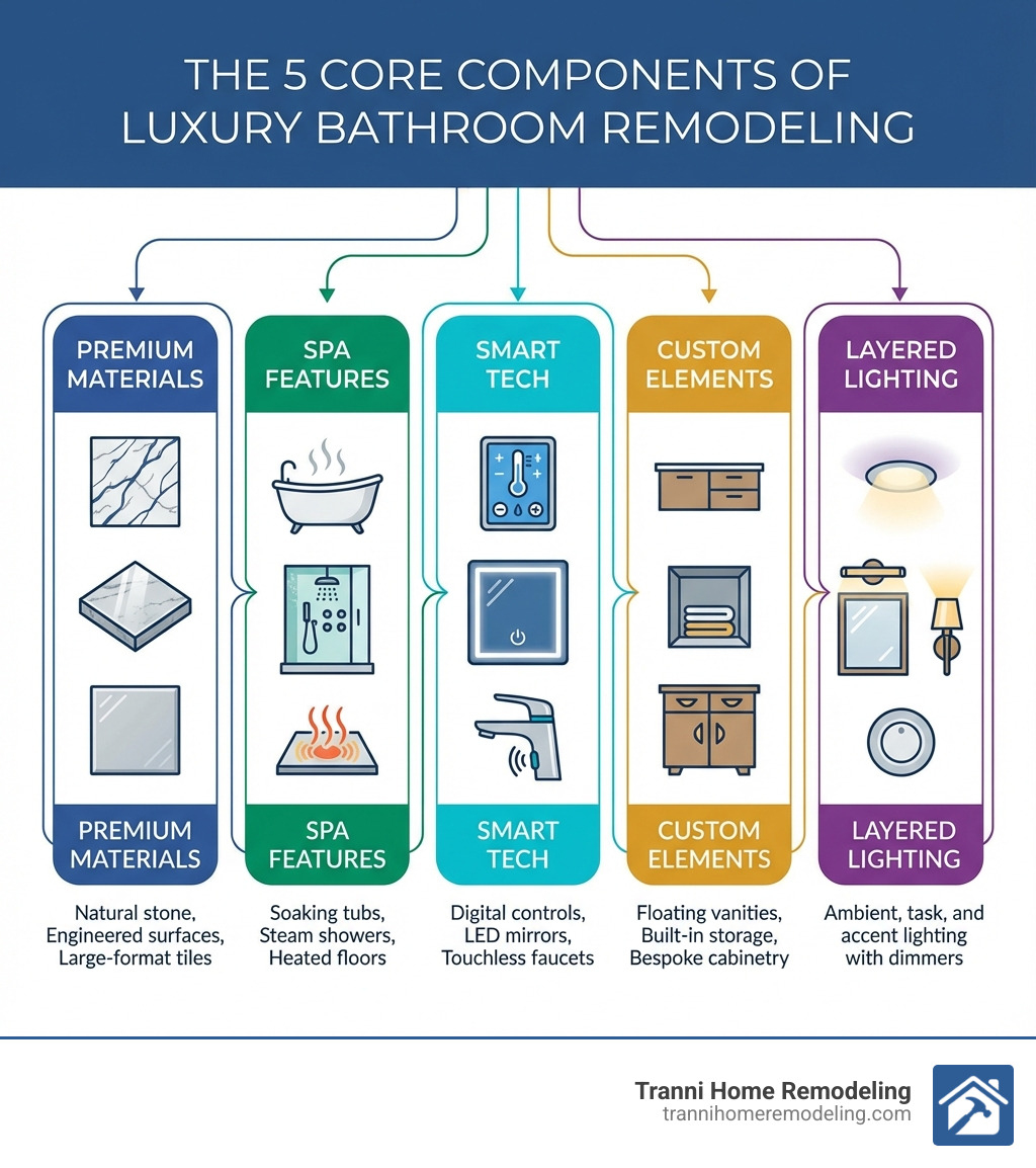 Infographic showing the 5 core components of luxury bathroom remodeling: Premium Materials (natural stone, engineered surfaces, large-format tiles), Spa Features (soaking tubs, steam showers, heated floors), Smart Tech (digital controls, LED mirrors, touchless faucets), Custom Elements (floating vanities, built-in storage, bespoke cabinetry), and Layered Lighting (ambient, task, and accent lighting with dimmers) - Luxury Bathroom Remodeling infographic Infographic showing the 5 core components of luxury bathroom remodeling: Premium Materials (natural stone, engineered surfaces, large-format tiles), Spa Features (soaking tubs, steam showers, heated floors), Smart Tech (digital controls, LED mirrors, touchless faucets), Custom Elements (floating vanities, built-in storage, bespoke cabinetry), and Layered Lighting (ambient, task, and accent lighting with dimmers) - Luxury Bathroom Remodeling infographic
