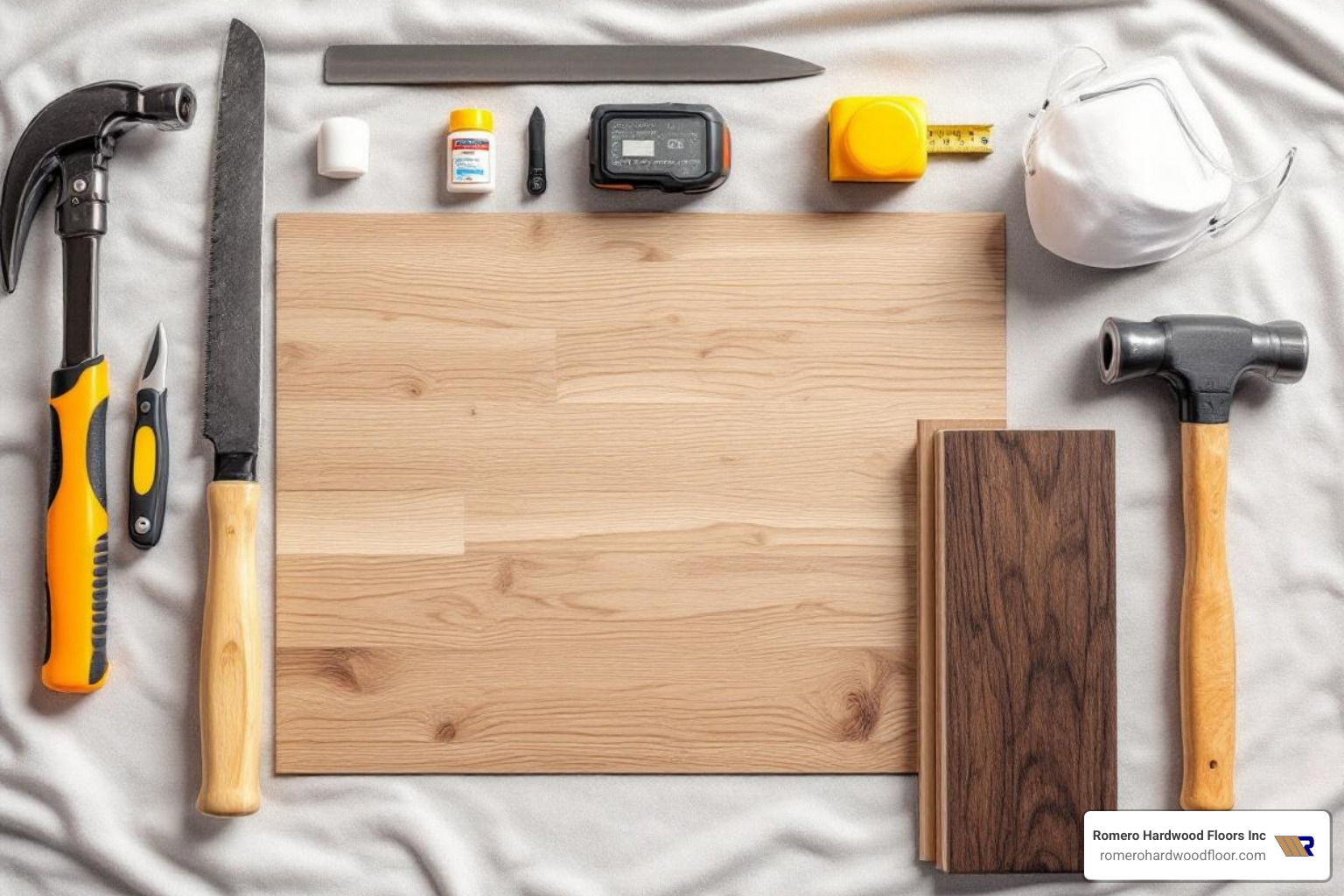 tools and materials for floorboard replacement laid out neatly - hardwood floor replace