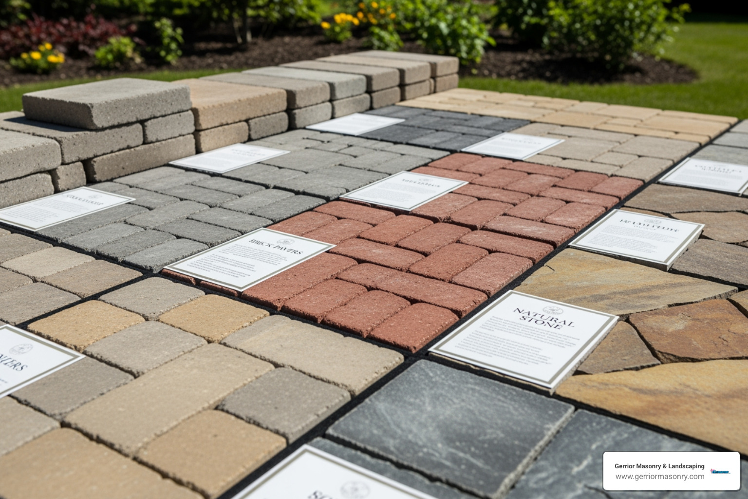 display showing various paver materials like concrete, brick, and natural stone - paver stone contractors