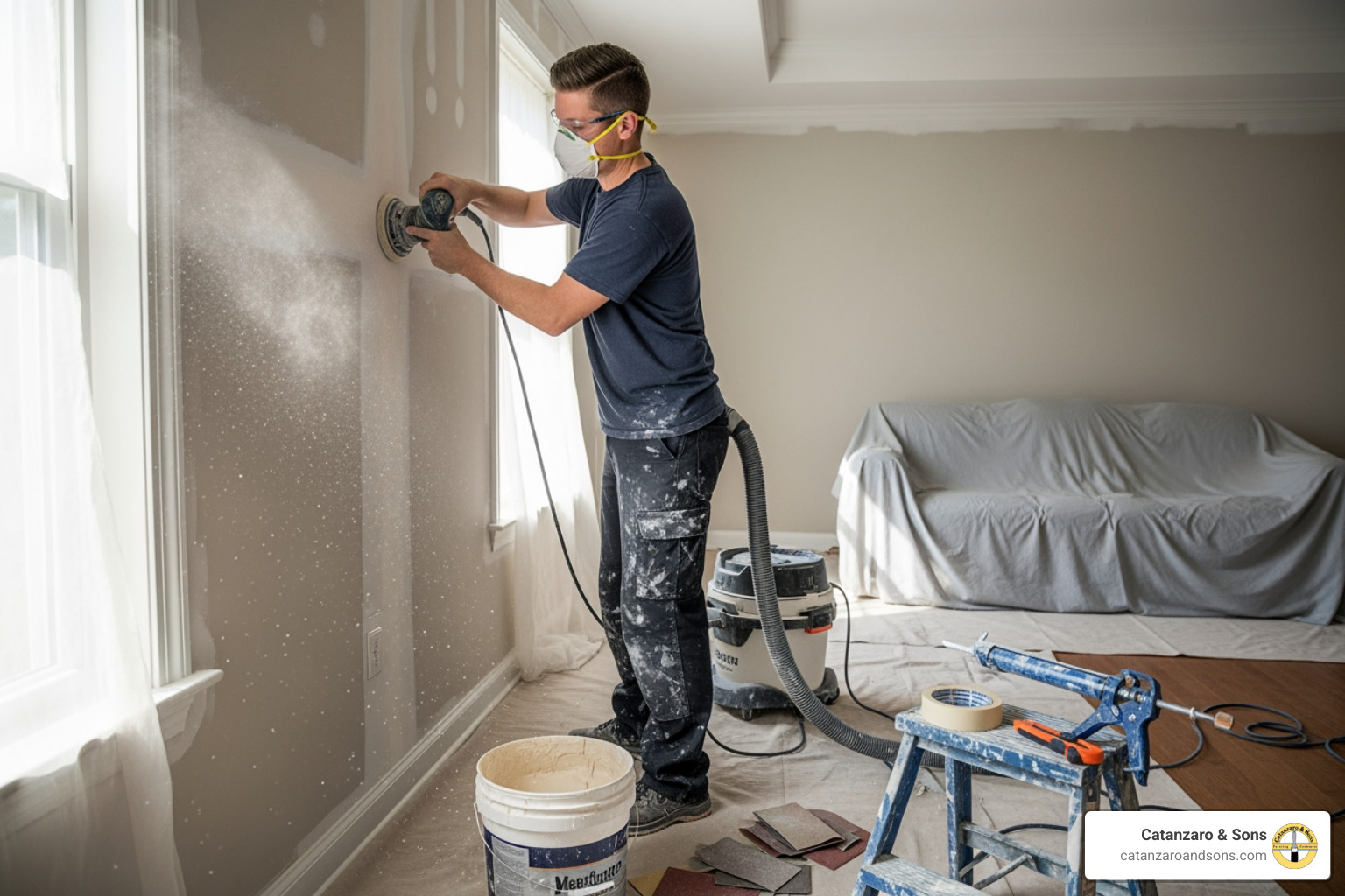 a painter carefully preparing a wall surface for painting - painting estimates bristol