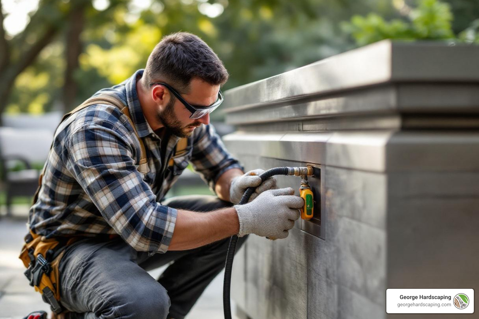 A certified technician safely connecting a gas line to a fire pit enclosure. - custom propane fire pit
