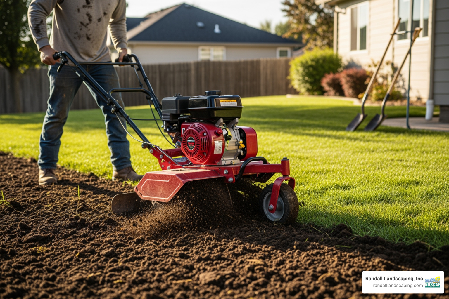 landscaper using a rototiller to prepare a yard - laying sod landscaper using a rototiller to prepare a yard - laying sod