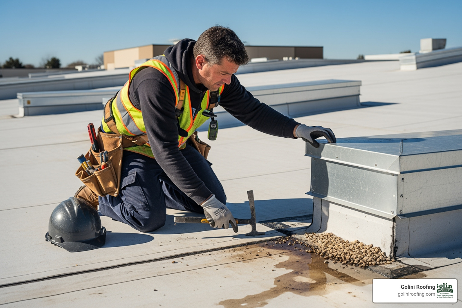 A roofing contractor inspecting a commercial roof - installation process for commercial roof A roofing contractor inspecting a commercial roof - installation process for commercial roof