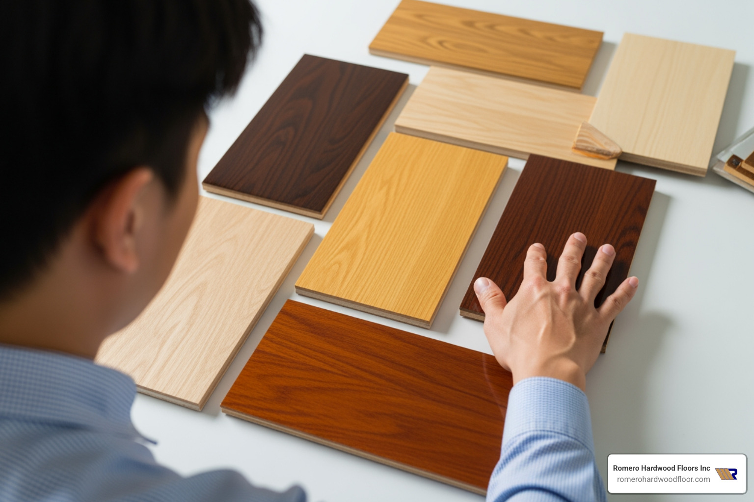 person looking at varnish samples on different wood types - best varnish for wooden floors person looking at varnish samples on different wood types - best varnish for wooden floors