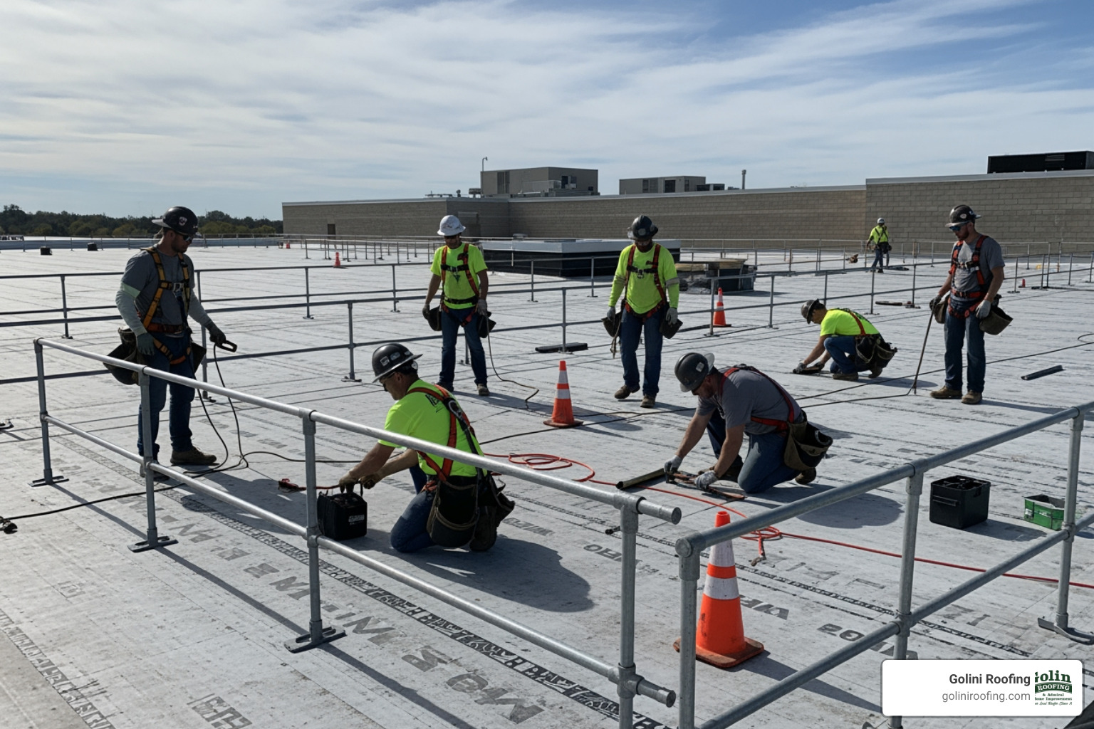 A roofing crew working safely with harnesses and guardrails - installation process for commercial roof A roofing crew working safely with harnesses and guardrails - installation process for commercial roof