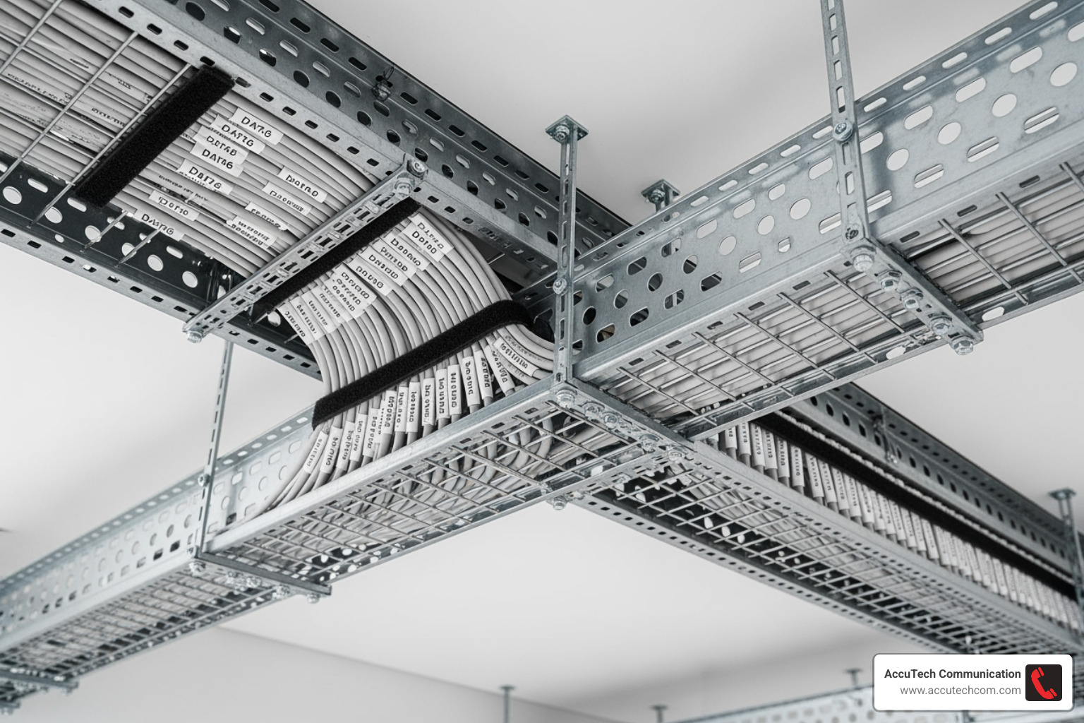 Properly supported and labeled data cables in a ceiling tray, carefully separated from power lines, demonstrating good cable management. - low voltage data cabling
