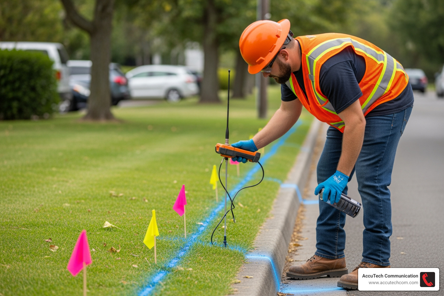 utility locator marking underground lines with paint and flags - Fiber optic trenching utility locator marking underground lines with paint and flags - Fiber optic trenching
