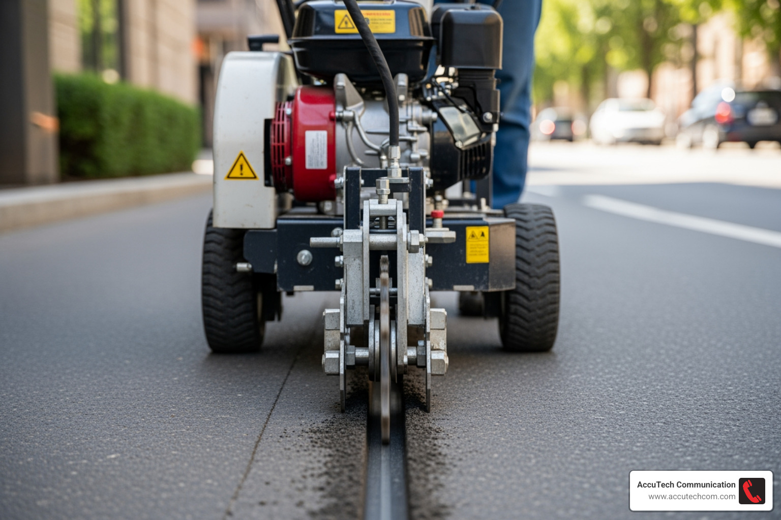 specialized microtrenching equipment, like a walk-behind trencher, cutting a clean line in asphalt - Fiber optic trenching specialized microtrenching equipment, like a walk-behind trencher, cutting a clean line in asphalt - Fiber optic trenching