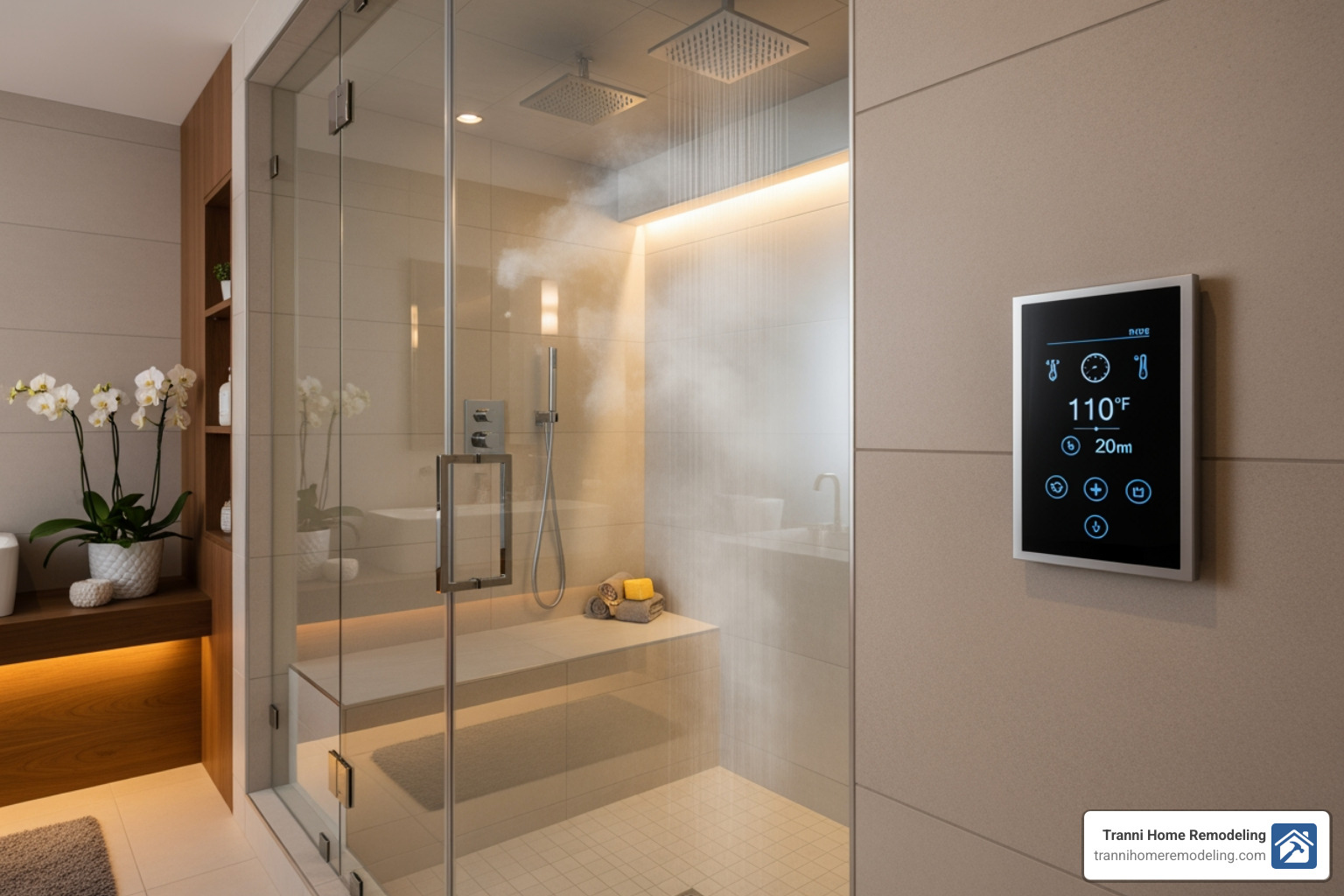 A modern steam shower with a built-in bench and digital controls - Luxury Bathroom Remodeling A modern steam shower with a built-in bench and digital controls - Luxury Bathroom Remodeling