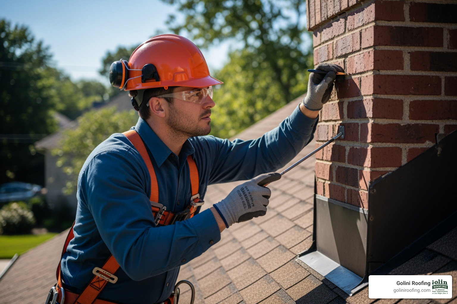 inspector examining roof flashing around a chimney - professional roof inspection inspector examining roof flashing around a chimney - professional roof inspection
