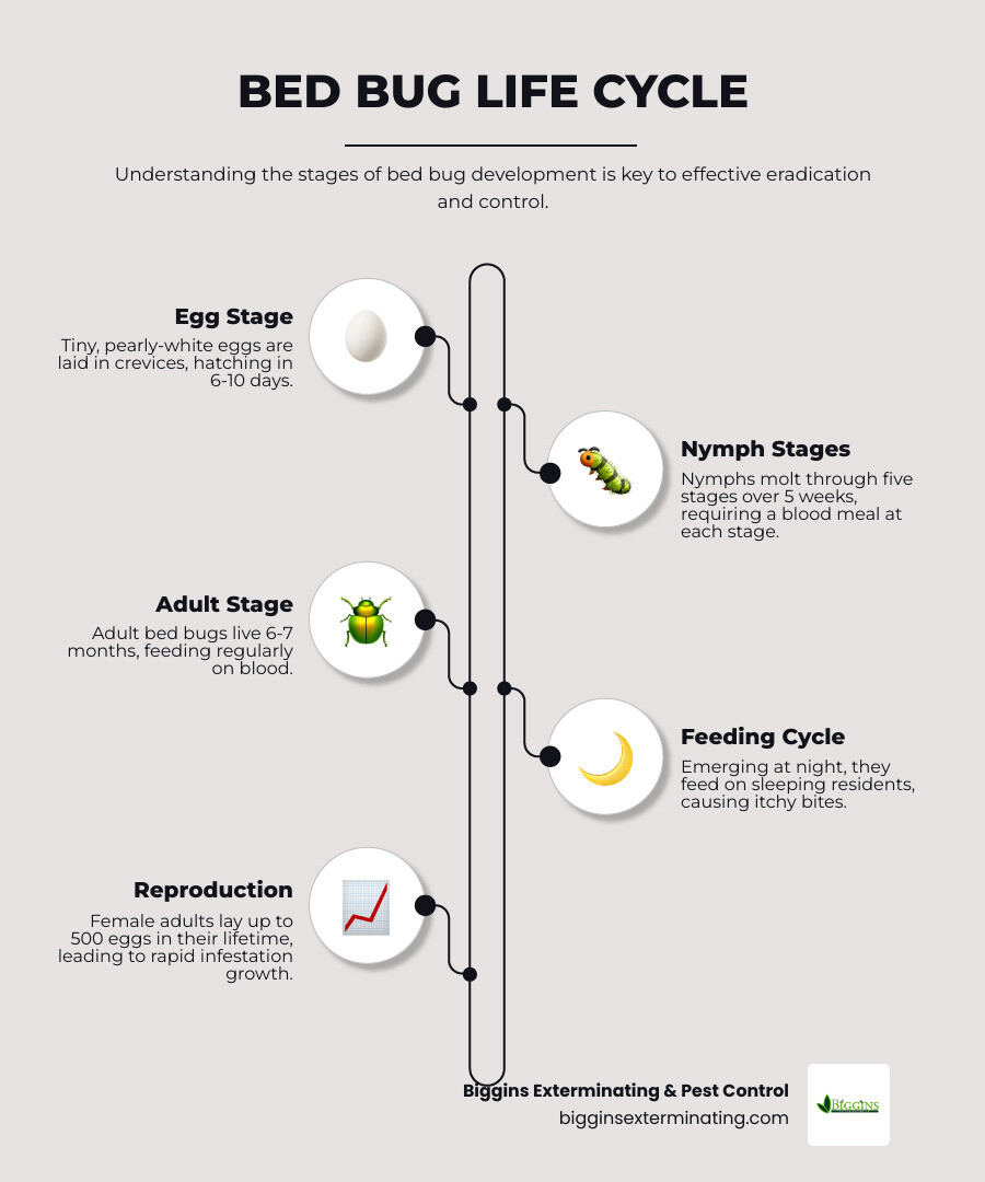 Infographic showing the bed bug life cycle from egg to adult, including nymph stages, with timeframes showing eggs hatching in 6-10 days, nymphs molting through five stages over 5 weeks, and adults living 6-7 months while laying up to 500 eggs - Bed bug treatment Burlington MA infographic infographic-line-5-steps-elegant_beige