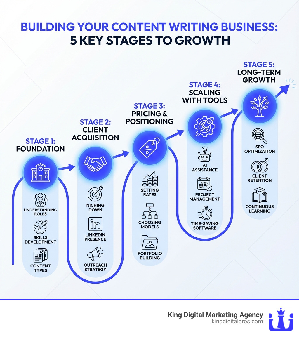 Infographic showing 5 key stages: Stage 1 - Foundation (understanding roles, skills, content types), Stage 2 - Client Acquisition (niching down, LinkedIn presence, outreach), Stage 3 - Pricing & Positioning (setting rates, choosing models, portfolio building), Stage 4 - Scaling with Tools (AI assistance, project management, time-saving software), Stage 5 - Long-Term Growth (SEO optimization, client retention, continuous learning) - content writing business infographic Infographic showing 5 key stages: Stage 1 - Foundation (understanding roles, skills, content types), Stage 2 - Client Acquisition (niching down, LinkedIn presence, outreach), Stage 3 - Pricing & Positioning (setting rates, choosing models, portfolio building), Stage 4 - Scaling with Tools (AI assistance, project management, time-saving software), Stage 5 - Long-Term Growth (SEO optimization, client retention, continuous learning) - content writing business infographic