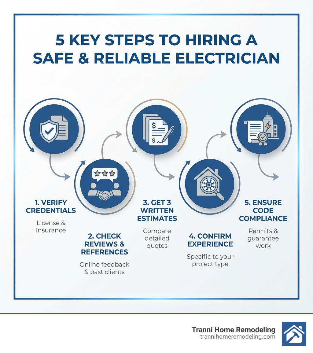 infographic showing 5 key steps to hiring a safe and reliable electrician: 1. Verify license and insurance credentials 2. Check online reviews and ask for references 3. Get at least 3 written estimates 4. Confirm experience with your specific project type 5. Ensure they pull permits and guarantee code compliance - expert electrician near me infographic 