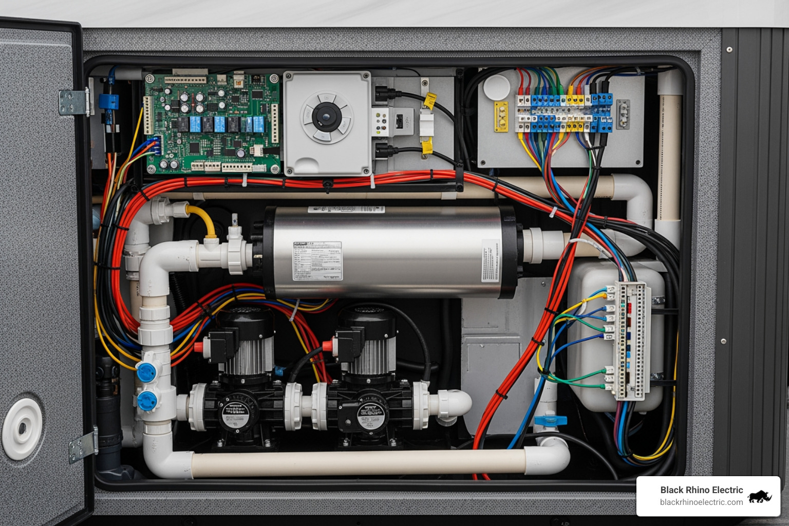 open hot tub access panel showing the control pack and components - Hot tub no power