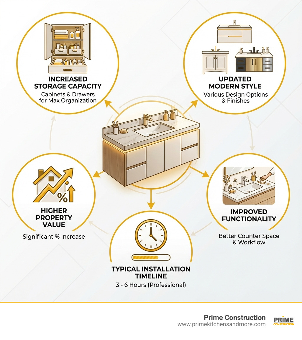 Infographic showing bathroom vanity installation benefits: increased storage capacity with cabinets and drawers, updated modern style with various design options, higher property value with percentage increase, improved functionality with better counter space, and typical installation timeline of 3-6 hours - Bathroom vanity installation infographic 