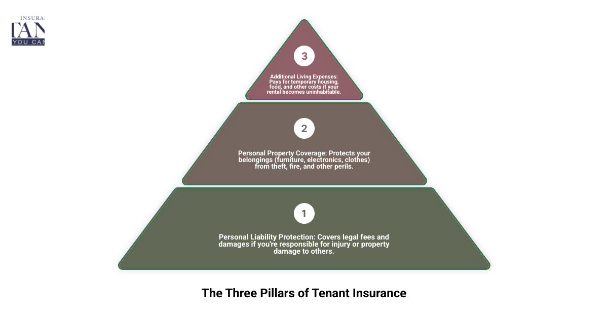 infographic showing three pillars of tenant insurance with icons and dollar amounts: Personal Property Coverage protecting belongings up to policy limits, Personal Liability Protection covering lawsuits and injuries with minimum 100000 dollars coverage, and Additional Living Expenses paying for temporary housing when rental is uninhabitable - Best affordable tenant insurance infographic 3_stage_pyramid