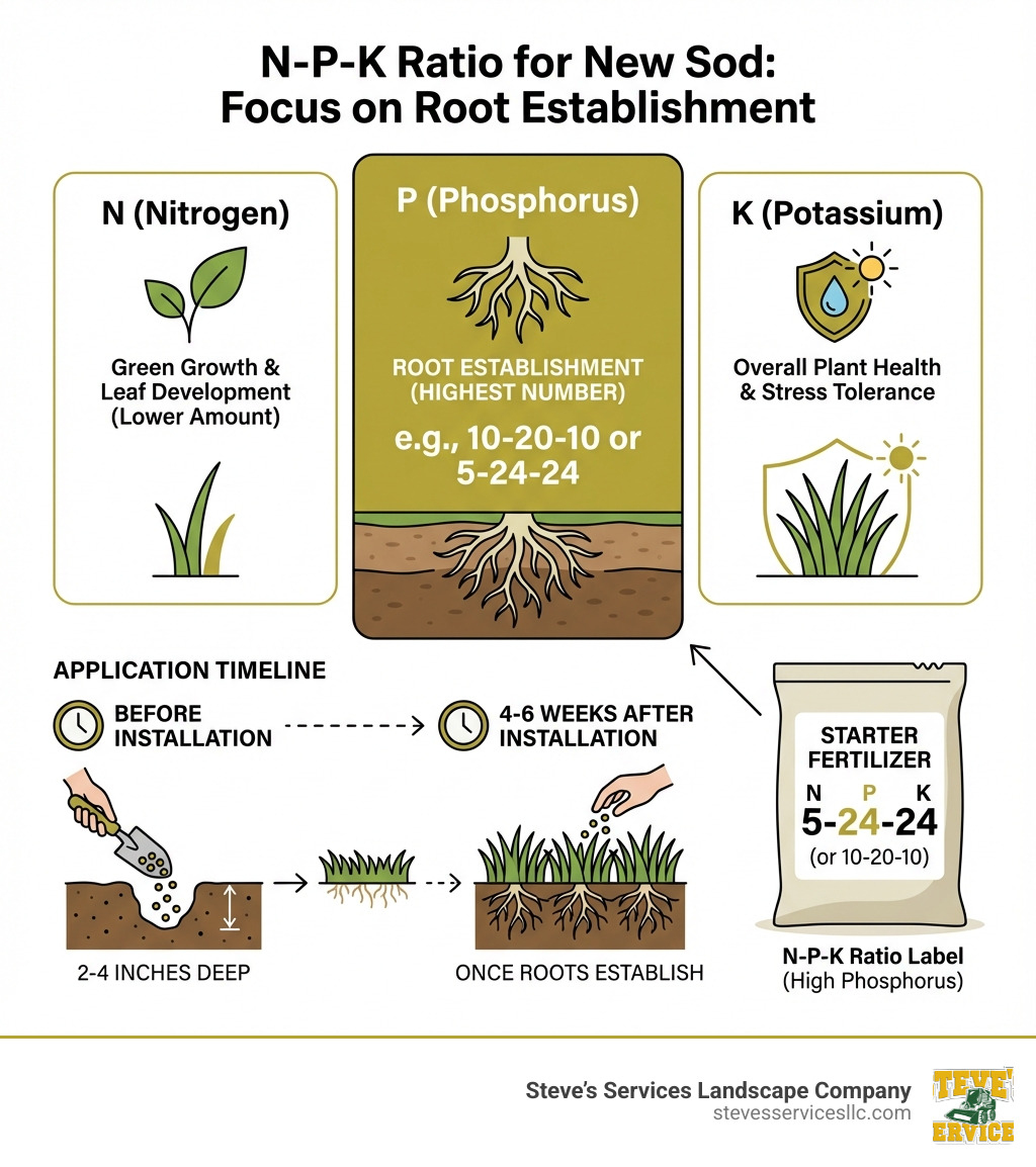 Infographic showing the N-P-K ratio breakdown for new sod: Nitrogen (N) for green growth and leaf development shown in lower amounts, Phosphorus (P) for root establishment highlighted as the highest number in starter fertilizer ratios like 10-20-10 or 5-24-24, and Potassium (K) for overall plant health and stress tolerance. Visual includes icons of grass roots growing deep into soil layers, a fertilizer bag label, and a timeline showing application either before sod installation incorporated 2-4 inches deep or 4-6 weeks after installation once roots establish. - best fertilizer for laying sod infographic 