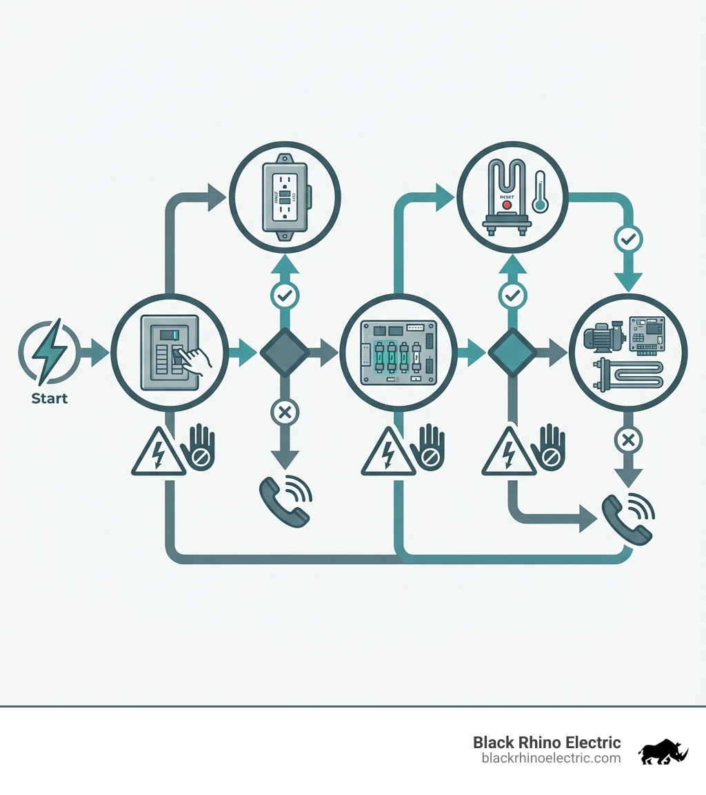 detailed infographic showing troubleshooting flow chart starting from checking main breaker, then GFCI, then internal fuses, then high limit switch, then components, with decision points and safety warnings at each step - Hot tub no power infographic 