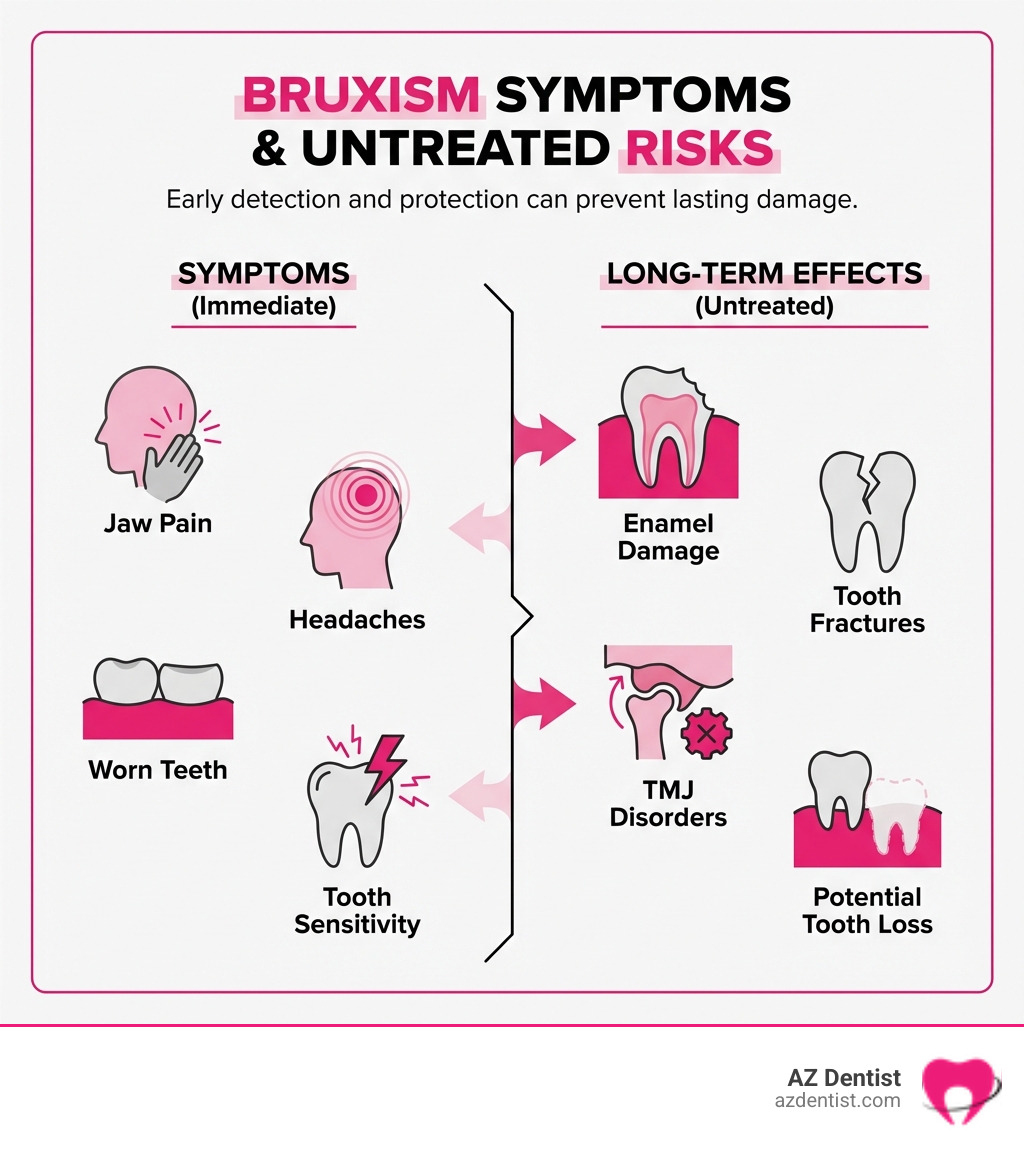 infographic showing bruxism symptoms including jaw pain, headaches, worn teeth, tooth sensitivity, and long-term effects like enamel damage, tooth fractures, TMJ disorders, and potential tooth loss if left untreated - best mouthguard for bruxism infographic 