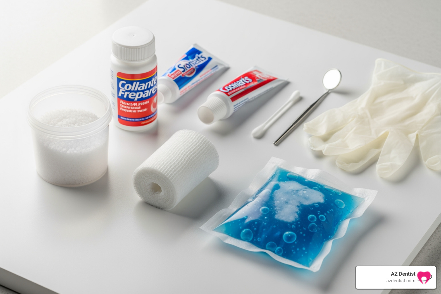 Image of a simple dental first-aid kit (salt, gauze, cold compress). - 24-hour emergency dental near me