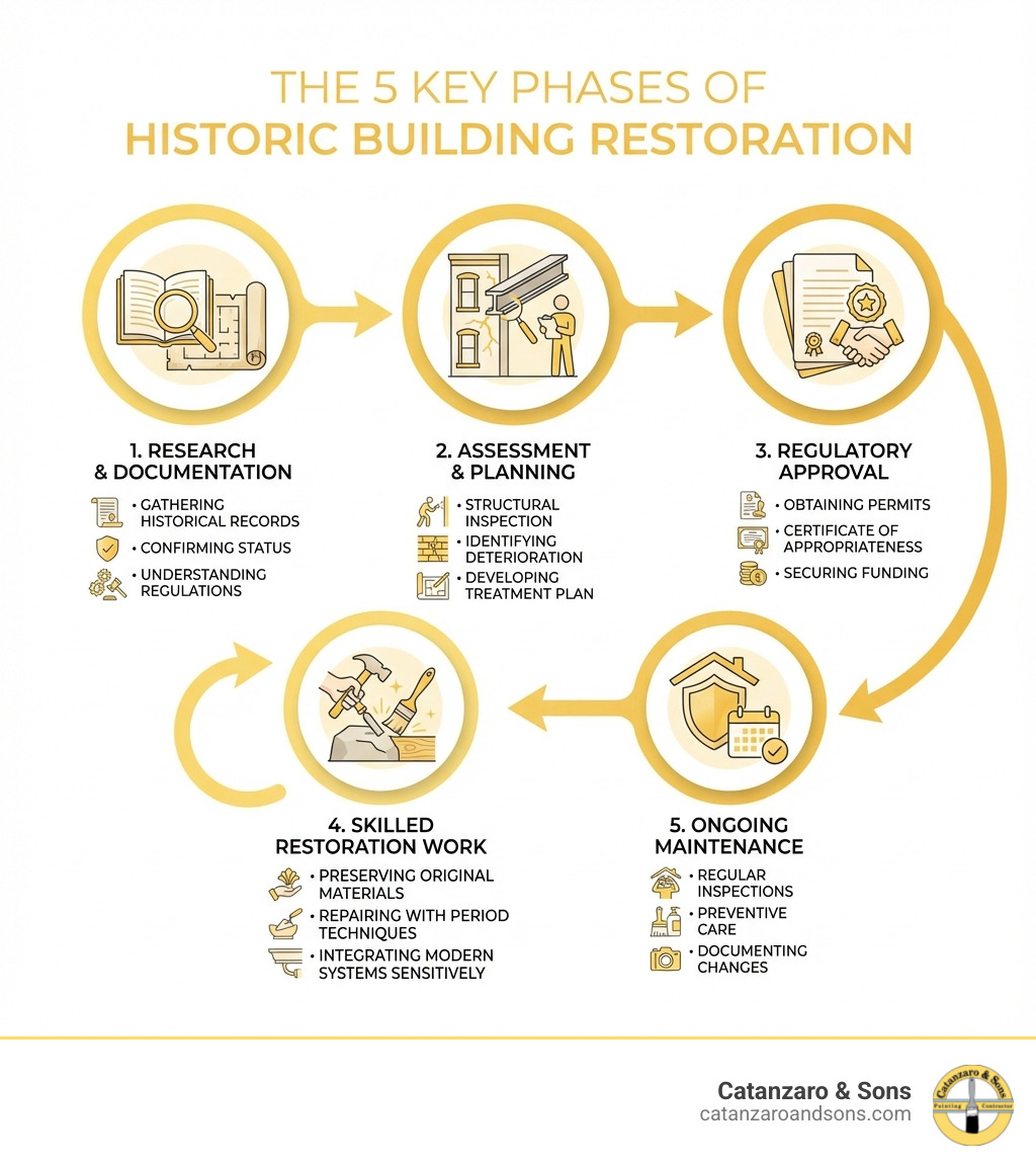 Infographic showing the 5 key phases of historic building restoration: 1) Research and Documentation (gathering historical records, confirming status, understanding regulations), 2) Assessment and Planning (structural inspection, identifying deterioration, developing treatment plan), 3) Regulatory Approval (obtaining permits, Certificate of Appropriateness, securing funding), 4) Skilled Restoration Work (preserving original materials, repairing with period-appropriate techniques, integrating modern systems sensitively), and 5) Ongoing Maintenance (regular inspections, preventive care, documenting changes) - historic building restoration infographic Infographic showing the 5 key phases of historic building restoration: 1) Research and Documentation (gathering historical records, confirming status, understanding regulations), 2) Assessment and Planning (structural inspection, identifying deterioration, developing treatment plan), 3) Regulatory Approval (obtaining permits, Certificate of Appropriateness, securing funding), 4) Skilled Restoration Work (preserving original materials, repairing with period-appropriate techniques, integrating modern systems sensitively), and 5) Ongoing Maintenance (regular inspections, preventive care, documenting changes) - historic building restoration infographic
