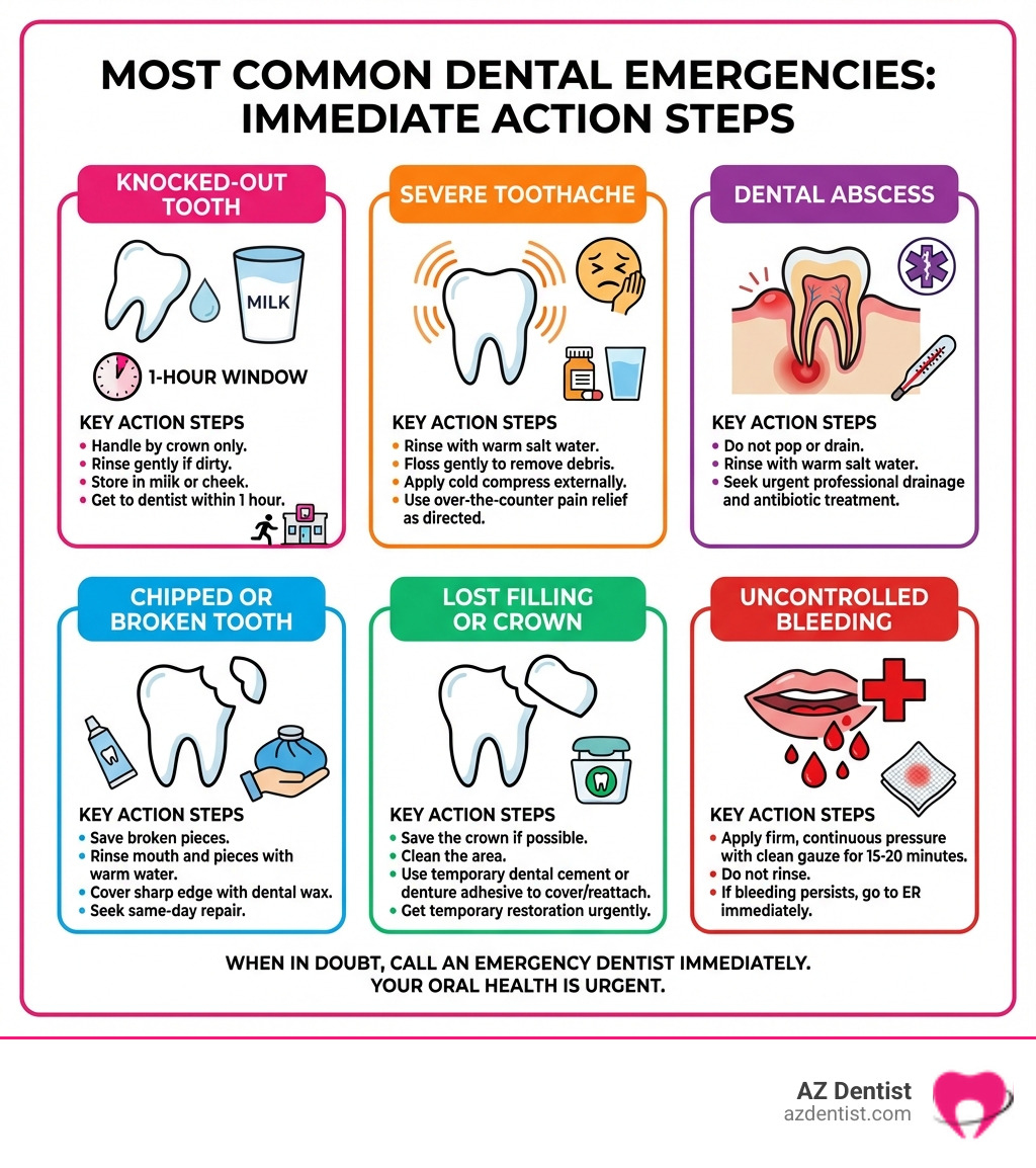 Infographic showing the most common dental emergencies: knocked-out tooth with 1-hour treatment window, severe toothache requiring immediate pain relief, dental abscess showing swelling and infection requiring urgent drainage, chipped or broken tooth needing same-day repair, lost filling or crown requiring temporary restoration, and uncontrolled bleeding requiring immediate attention. Each emergency includes visual representation and key action steps. - 24-hour emergency dental near me infographic 