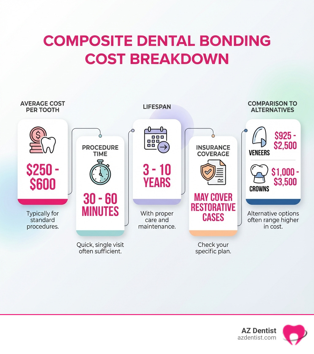 infographic showing composite dental bonding cost breakdown with five key factors: average cost per tooth ($250-$600), procedure time (30-60 minutes), lifespan (3-10 years), insurance coverage (may cover restorative cases), and comparison to alternatives like veneers ($925-$2,500) and crowns ($1,000-$3,500) - composite dental bonding cost infographic 