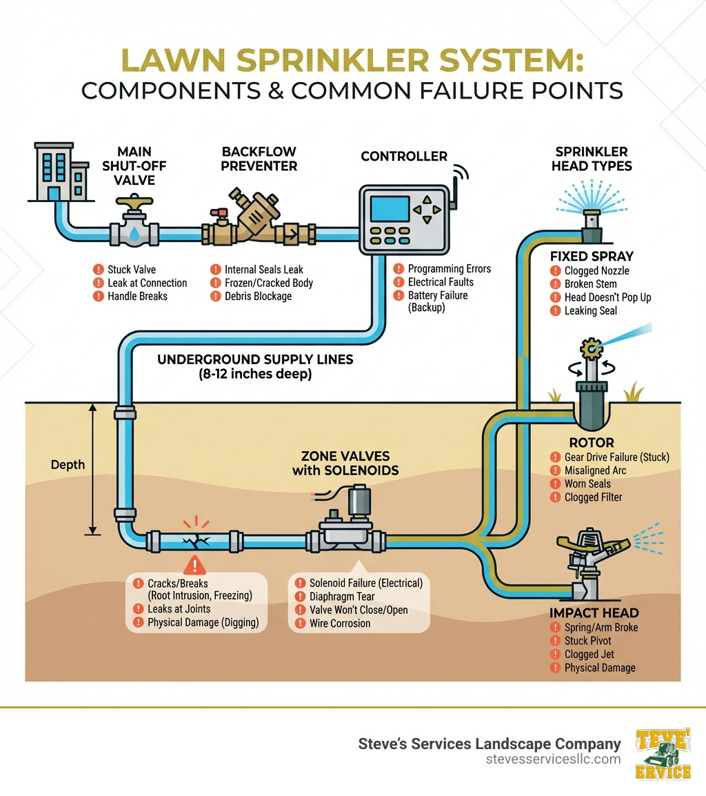 Infographic showing the main components of a lawn sprinkler system including controller, main shut-off valve, backflow preventer, zone valves with solenoids, underground supply lines buried 8-12 inches deep, and various sprinkler head types (fixed spray, rotor, and impact heads) with labels indicating common failure points at each component - fix lawn sprinkler infographic Infographic showing the main components of a lawn sprinkler system including controller, main shut-off valve, backflow preventer, zone valves with solenoids, underground supply lines buried 8-12 inches deep, and various sprinkler head types (fixed spray, rotor, and impact heads) with labels indicating common failure points at each component - fix lawn sprinkler infographic