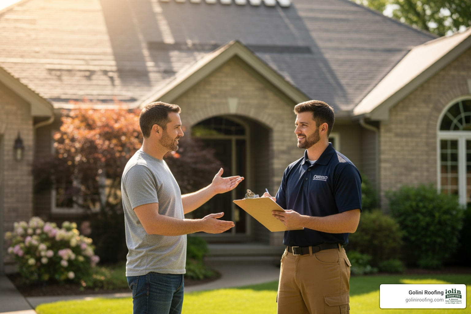 homeowner talking to a local roofing contractor in their yard - Roofing Companies Near Me homeowner talking to a local roofing contractor in their yard - Roofing Companies Near Me