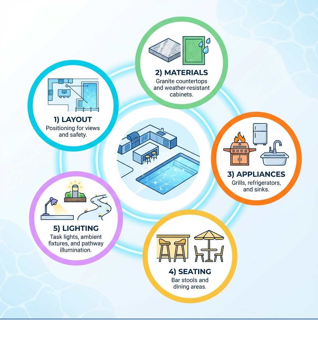 Infographic showing the 5 key elements of outdoor kitchen pool design: 1) Layout - positioning for views and safety, 2) Materials - granite countertops and weather-resistant cabinets, 3) Appliances - grills, refrigerators, and sinks, 4) Seating - bar stools and dining areas, 5) Lighting - task lights, ambient fixtures, and pathway illumination - Outdoor kitchen pool design infographic Infographic showing the 5 key elements of outdoor kitchen pool design: 1) Layout - positioning for views and safety, 2) Materials - granite countertops and weather-resistant cabinets, 3) Appliances - grills, refrigerators, and sinks, 4) Seating - bar stools and dining areas, 5) Lighting - task lights, ambient fixtures, and pathway illumination - Outdoor kitchen pool design infographic