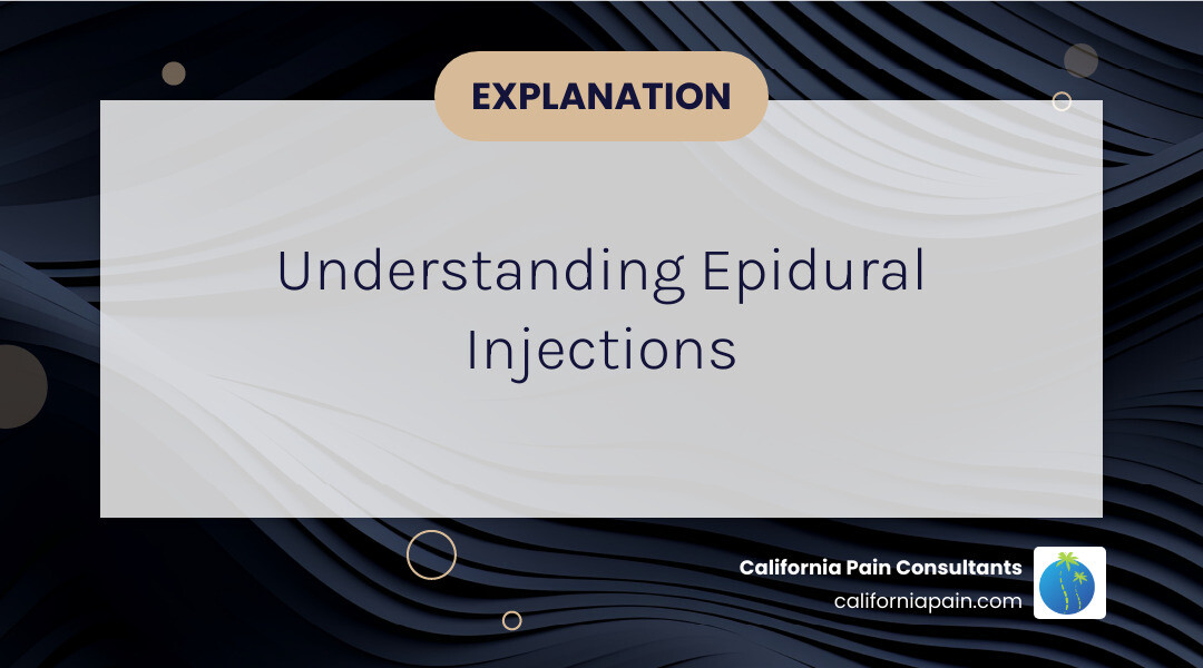 Detailed infographic showing the anatomy of the spine with labeled epidural space, spinal cord, nerve roots, and vertebrae, alongside a cross-section view of an epidural needle placement between vertebrae delivering medication into the epidural space to reduce inflammation around irritated nerves - epidural back pain relief infographic simple-info-landscape-card-dark