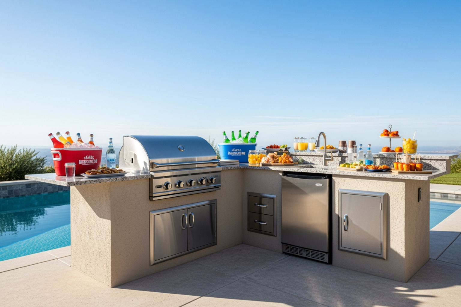 A fully equipped outdoor kitchen with a built-in grill, refrigerator, and sink, ready for a party, featuring stainless steel appliances and ample counter space - Outdoor kitchen pool design A fully equipped outdoor kitchen with a built-in grill, refrigerator, and sink, ready for a party, featuring stainless steel appliances and ample counter space - Outdoor kitchen pool design