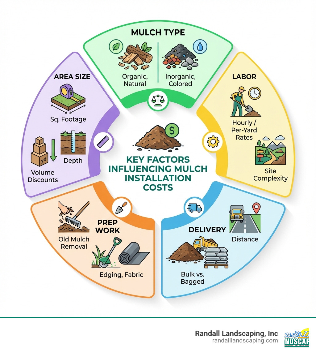 Infographic showing key factors influencing mulch installation costs: Mulch Type (organic vs inorganic, colored vs natural), Labor (hourly or per-yard rates, site complexity), Delivery (distance, bulk vs bagged), Prep Work (old mulch removal, edging, fabric), and Area Size (square footage, depth, volume discounts) - price to lay mulch infographic 