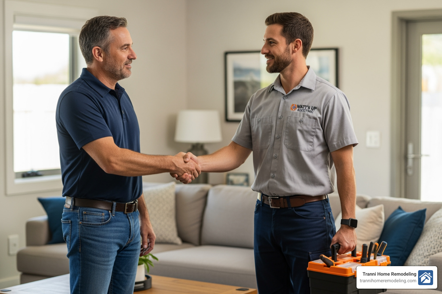 homeowner shaking hands with a licensed electrician - expert electrician near me