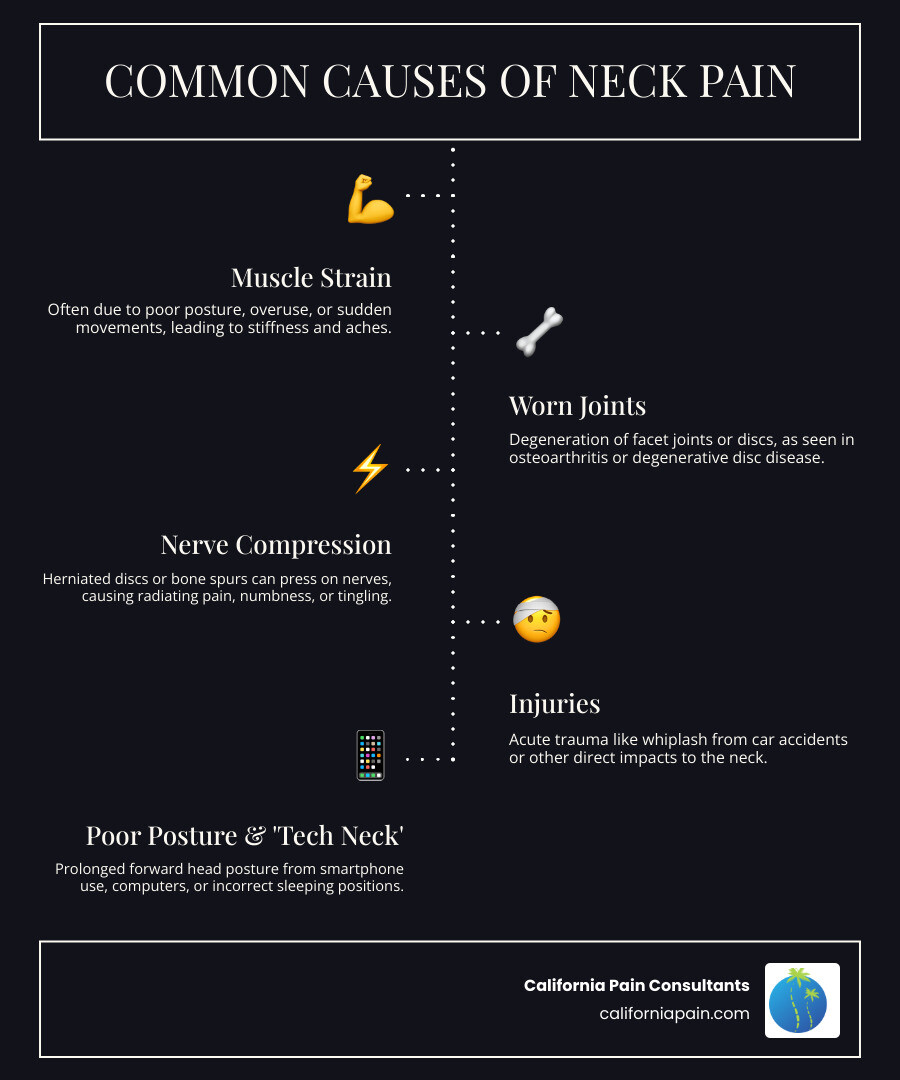 infographic showing neck anatomy with labels for cervical vertebrae, discs, muscles, nerves, and common pain trigger points including facet joints, nerve compression sites, and muscle tension areas - neck pain relief infographic infographic-line-5-steps-dark