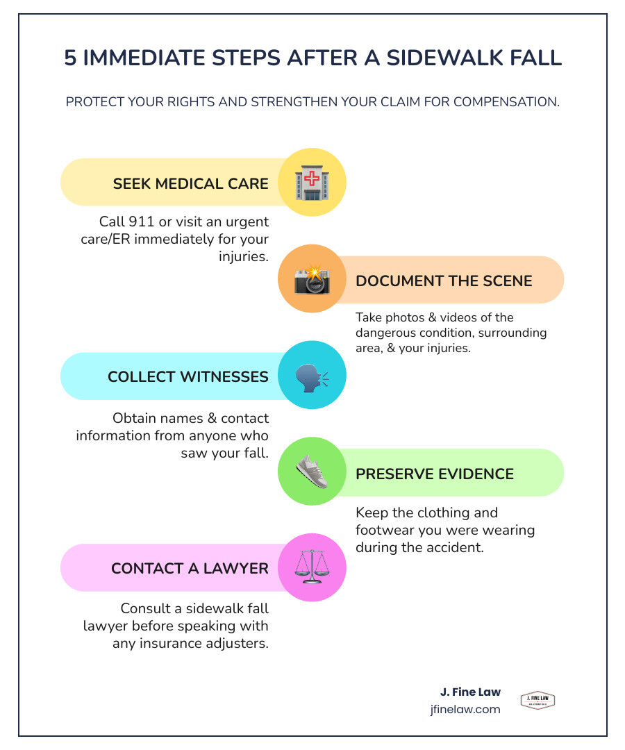 Infographic showing 5 immediate steps after a sidewalk fall: 1. Call 911 and seek medical attention immediately, 2. Document the scene with photos and videos of the dangerous condition, 3. Collect witness names and contact information, 4. Preserve your clothing and footwear from the accident, 5. Contact a sidewalk fall lawyer before speaking to insurance adjusters - Sidewalk fall lawyer infographic infographic-line-5-steps-colors Infographic showing 5 immediate steps after a sidewalk fall: 1. Call 911 and seek medical attention immediately, 2. Document the scene with photos and videos of the dangerous condition, 3. Collect witness names and contact information, 4. Preserve your clothing and footwear from the accident, 5. Contact a sidewalk fall lawyer before speaking to insurance adjusters - Sidewalk fall lawyer infographic infographic-line-5-steps-colors