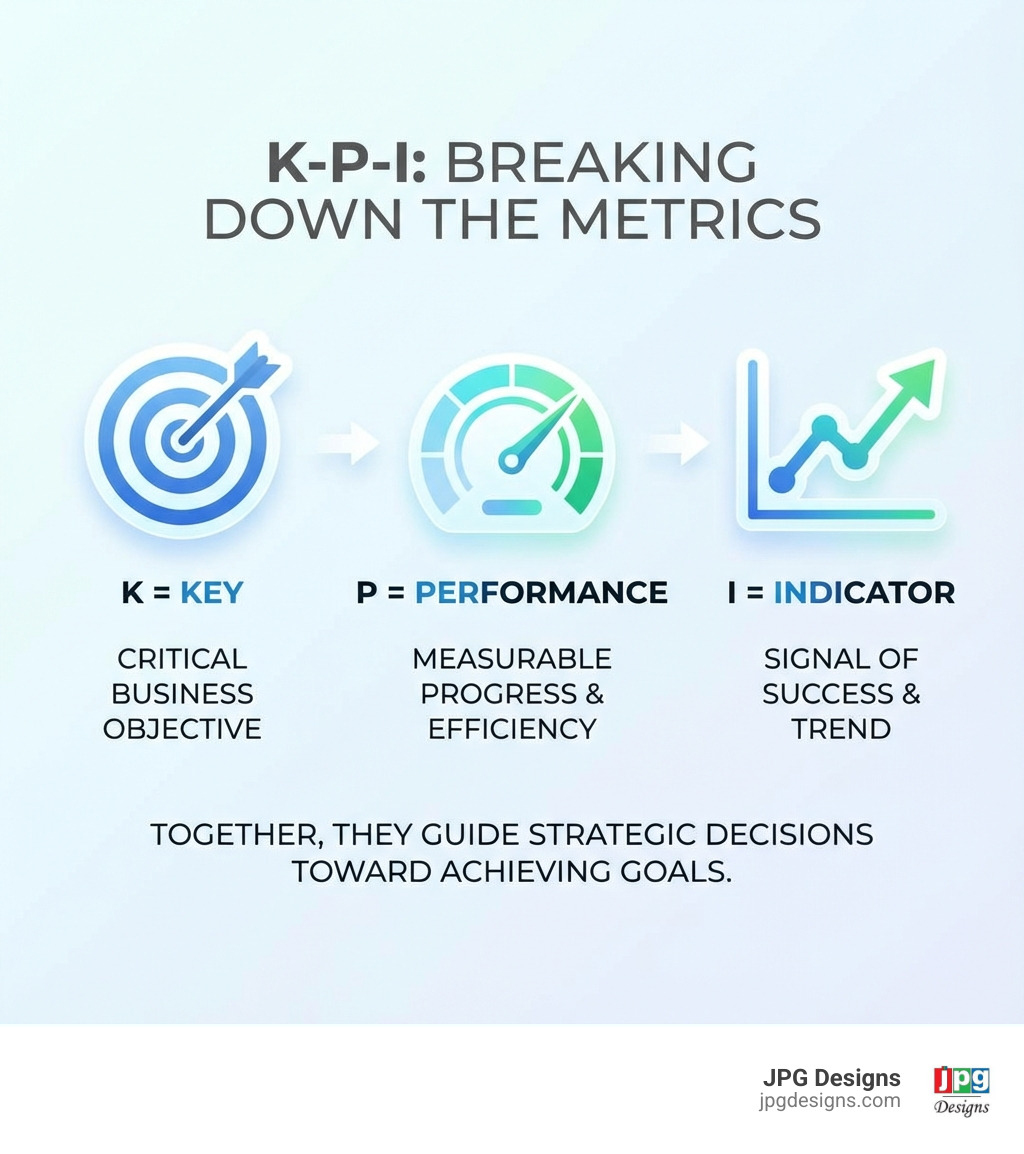 Infographic showing K-P-I breakdown: K for Key (target icon), P for Performance (speedometer icon), I for Indicator (chart trending upward) - What are KPIs? infographic 