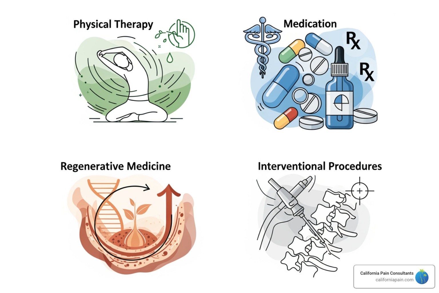 illustration of different categories of pain treatments - innovative pain treatments