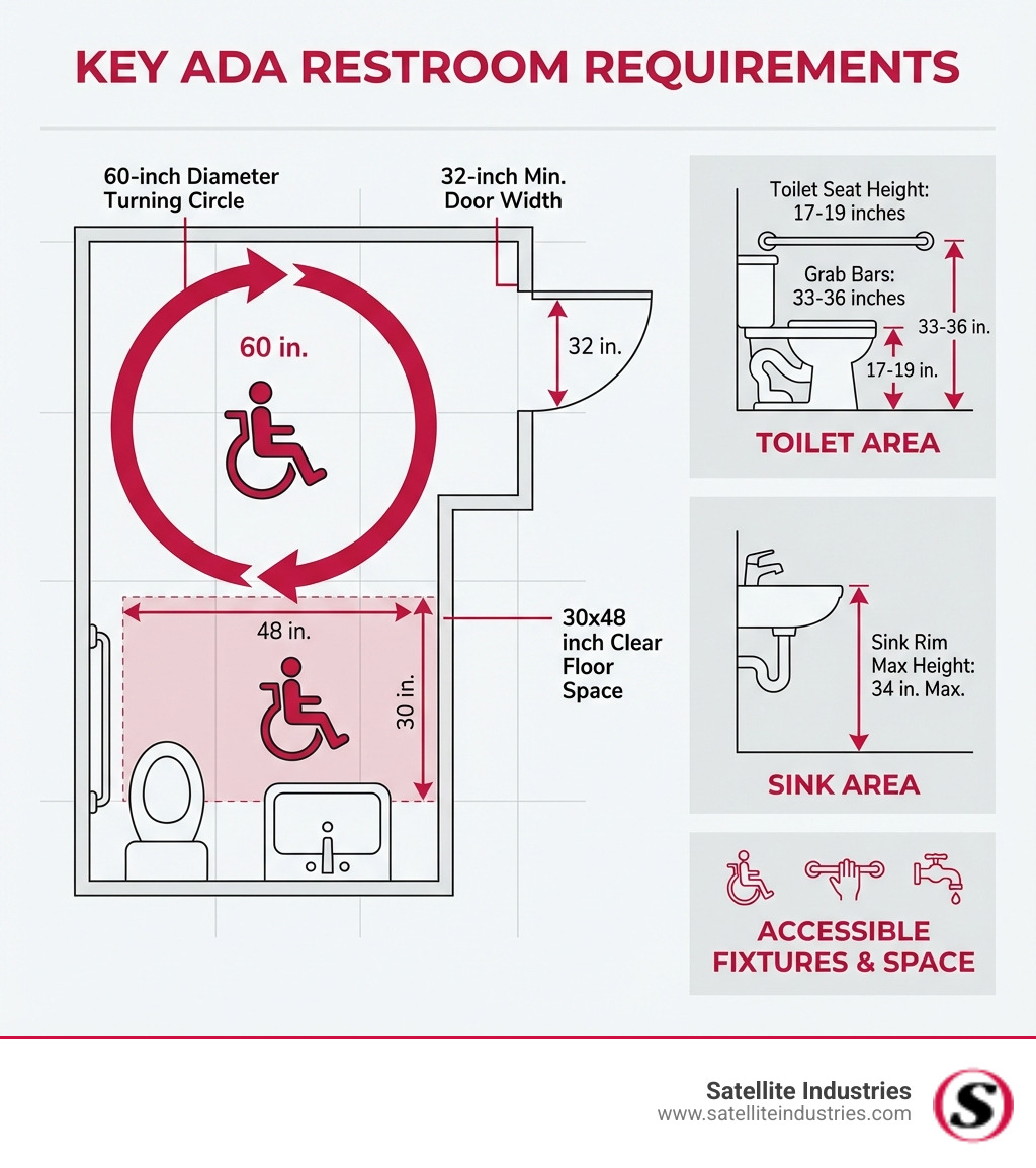 Infographic explaining key ADA restroom requirements including a 60-inch diameter turning circle, toilet seat height of 17-19 inches, grab bars mounted at 33-36 inches, sink rim maximum height of 34 inches, 32-inch minimum door width, and 30x48 inch clear floor space with measurements and top-down layout diagrams - Handicap accessible restroom infographic 