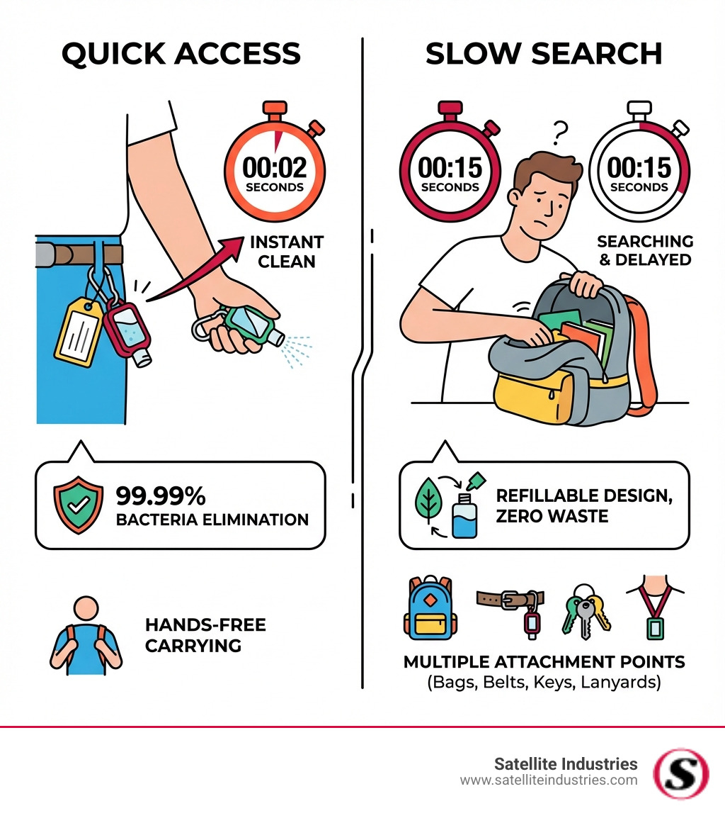 Infographic showing the benefits of hand sanitizer bag tags: a split comparison showing a person quickly accessing a clipped sanitizer holder from their belt in 2 seconds versus another person spending 15 seconds searching through a bag, with callouts for 99.99% bacteria elimination, hands-free carrying, refillable design reducing waste, and multiple attachment points including bags, belts, keys, and lanyards - hand sanitizer with bag tag infographic 
