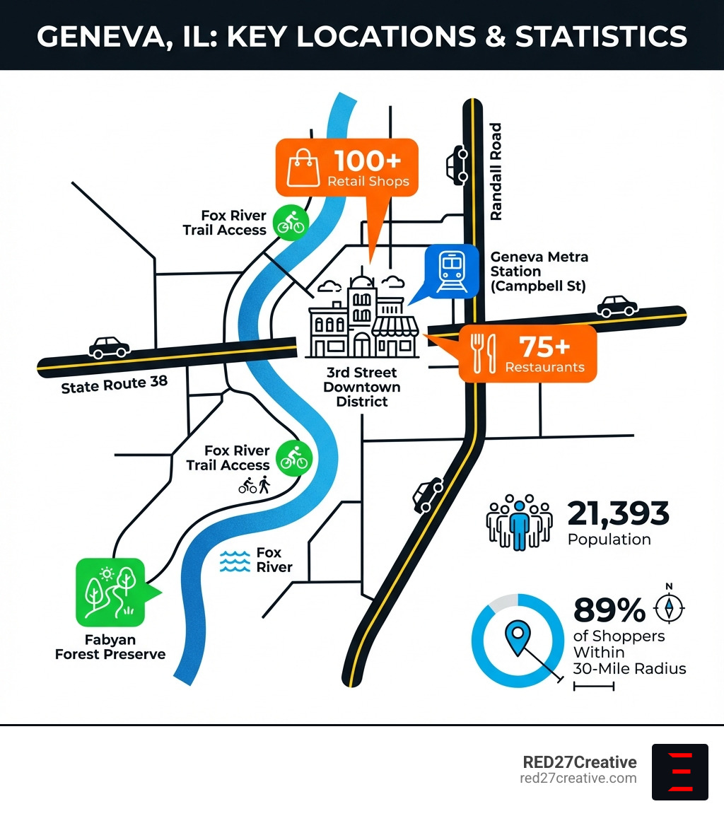 Infographic showing Geneva IL key locations including downtown district on 3rd Street, Geneva Metra Station on Campbell Street, Fox River Trail access points, Fabyan Forest Preserve, major traffic routes State Route 38 and Randall Road, and statistics showing 21,393 population, 100+ retail shops, 75+ restaurants, and 89% of shoppers within 30-mile radius - Google maps Geneva IL infographic Infographic showing Geneva IL key locations including downtown district on 3rd Street, Geneva Metra Station on Campbell Street, Fox River Trail access points, Fabyan Forest Preserve, major traffic routes State Route 38 and Randall Road, and statistics showing 21,393 population, 100+ retail shops, 75+ restaurants, and 89% of shoppers within 30-mile radius - Google maps Geneva IL infographic