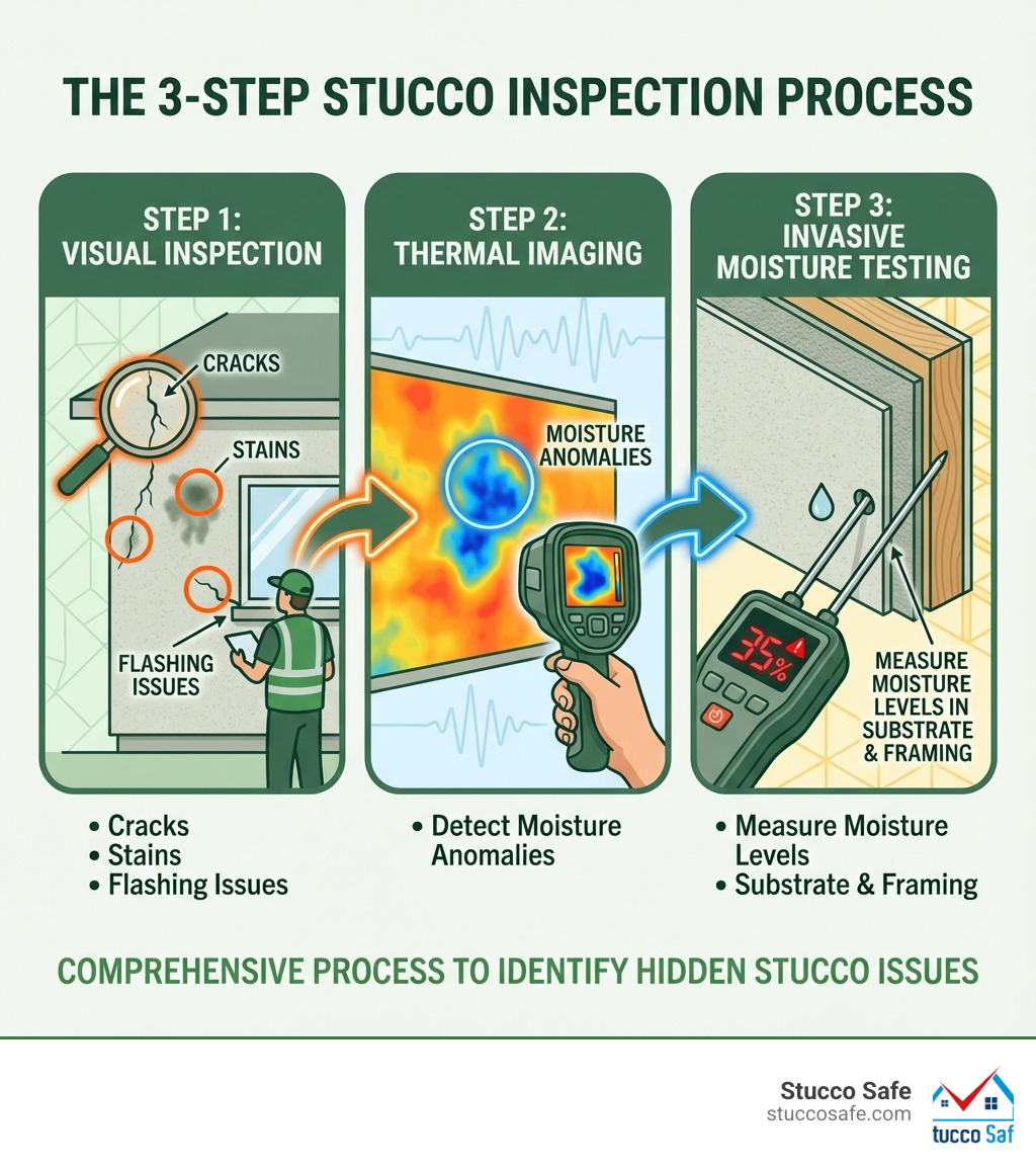 Infographic showing the three-step stucco inspection process: Step 1 - Visual inspection for cracks, stains, and flashing issues; Step 2 - Thermal imaging to detect moisture anomalies; Step 3 - Invasive moisture testing with probes to measure moisture levels in substrate and framing - stucco inspections Camden infographic Infographic showing the three-step stucco inspection process: Step 1 - Visual inspection for cracks, stains, and flashing issues; Step 2 - Thermal imaging to detect moisture anomalies; Step 3 - Invasive moisture testing with probes to measure moisture levels in substrate and framing - stucco inspections Camden infographic