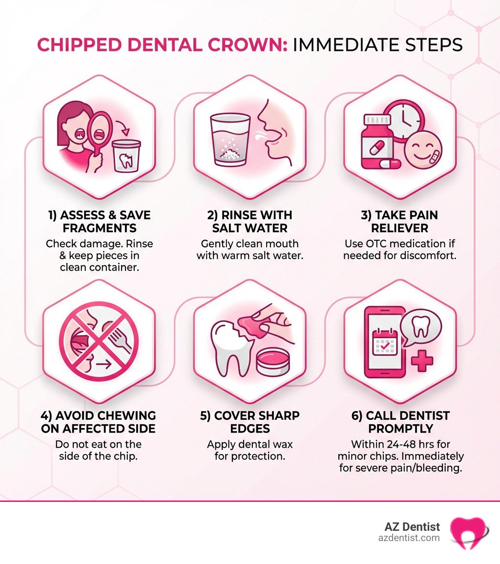 Infographic showing immediate steps for a chipped dental crown: 1) Assess damage and save fragments, 2) Rinse with warm salt water, 3) Take pain reliever if needed, 4) Avoid chewing on affected side, 5) Cover sharp edges with dental wax, 6) Call dentist within 24-48 hours for minor chips or immediately for severe pain/bleeding - chipped tooth crown infographic 
