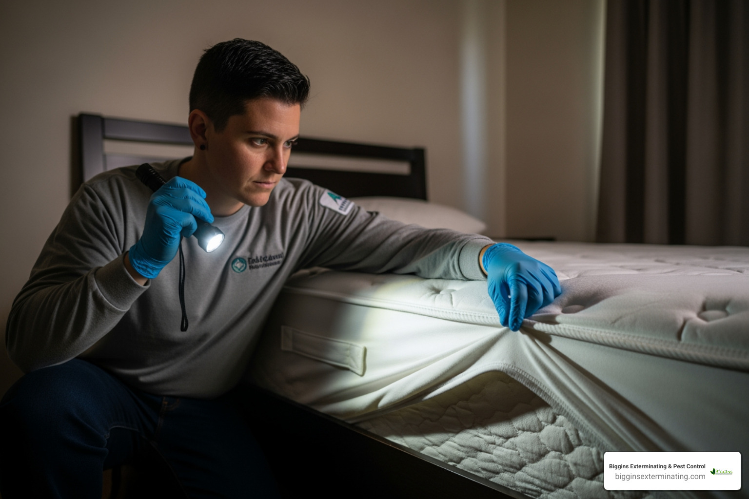 A pest control technician inspecting a bed frame for bed bugs - Bed bug treatment Burlington MA