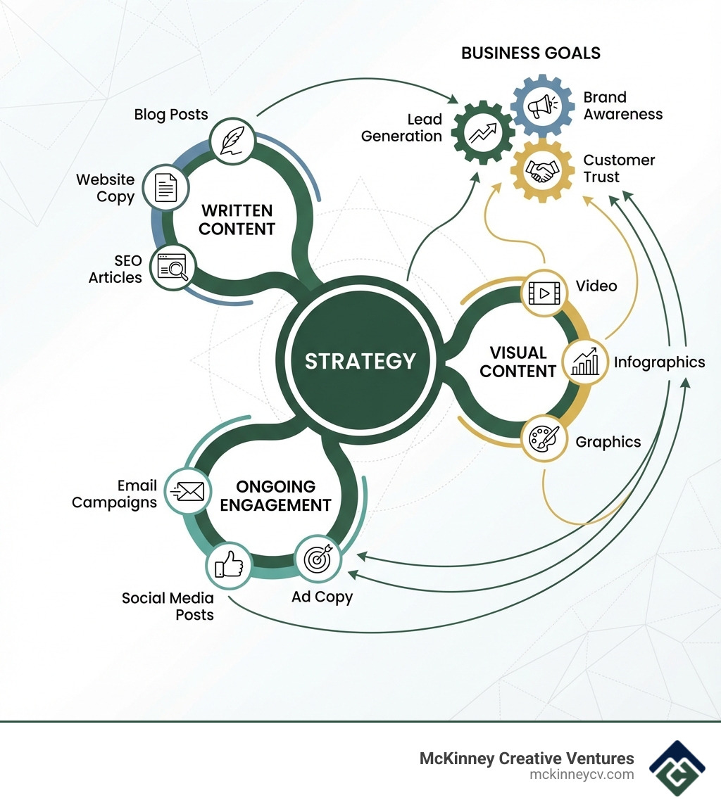 Infographic showing the content creation services ecosystem: Strategy at the center, with three branches extending outward labeled Written Content (blog posts, website copy, SEO articles), Visual Content (graphics, infographics, video), and Ongoing Engagement (social media, email, ad copy). Each branch shows example deliverables and connects back to business goals like lead generation, brand awareness, and customer trust. - content creation services infographic Infographic showing the content creation services ecosystem: Strategy at the center, with three branches extending outward labeled Written Content (blog posts, website copy, SEO articles), Visual Content (graphics, infographics, video), and Ongoing Engagement (social media, email, ad copy). Each branch shows example deliverables and connects back to business goals like lead generation, brand awareness, and customer trust. - content creation services infographic