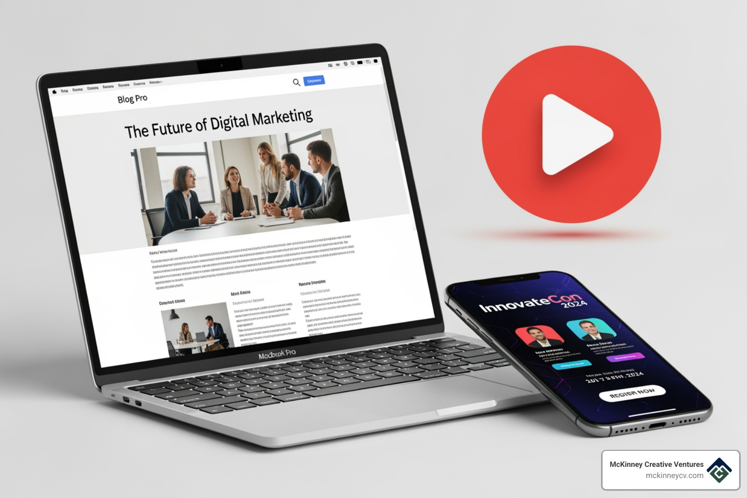 collage of content types: a blog post on a laptop, a social media graphic on a phone, and a video play button - content creation services collage of content types: a blog post on a laptop, a social media graphic on a phone, and a video play button - content creation services