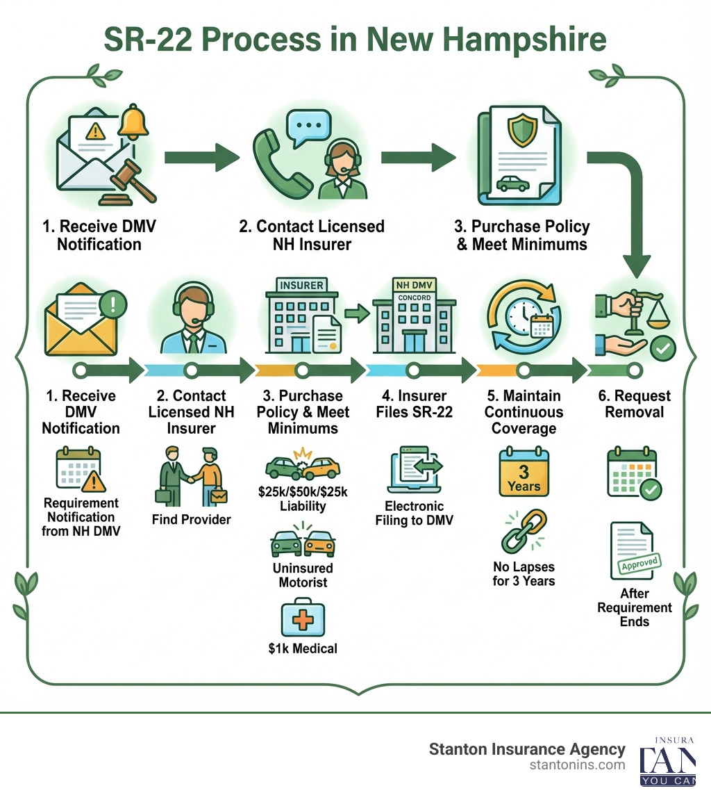 Infographic showing SR-22 process in New Hampshire: 1. Receive DMV notification of SR-22 requirement, 2. Contact licensed NH insurance provider, 3. Purchase policy meeting state minimums ($25k/$50k/$25k liability + uninsured motorist + $1k medical), 4. Insurer files SR-22 with NH DMV in Concord, 5. Maintain continuous coverage for 3 years, 6. Request removal after requirement period ends - sr22 insurance nh infographic 