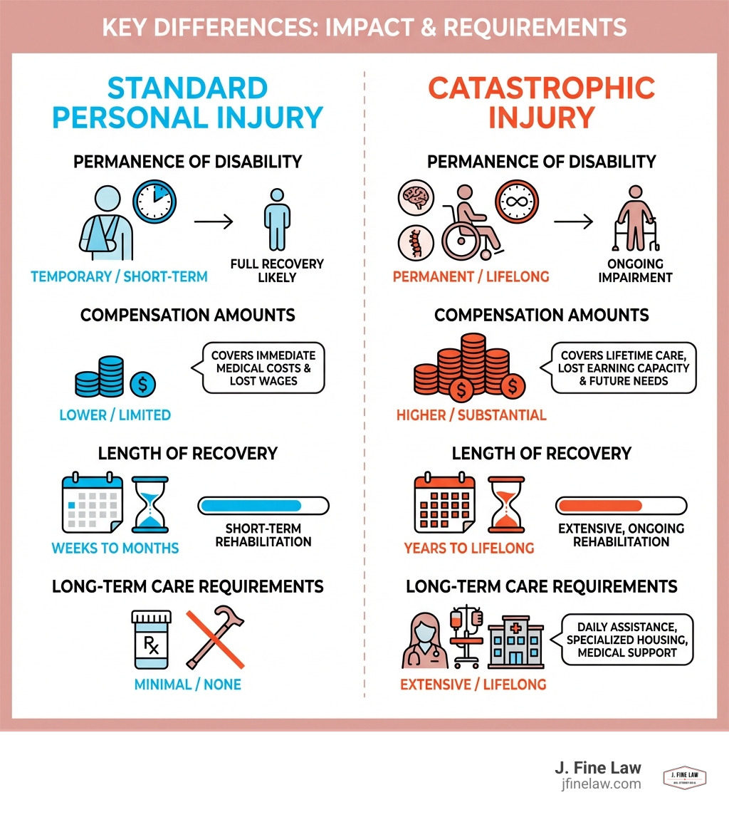 infographic showing the key differences between standard personal injury and catastrophic injury including permanence of disability, compensation amounts, length of recovery, and long-term care requirements - Catastrophic injury lawyer infographic infographic showing the key differences between standard personal injury and catastrophic injury including permanence of disability, compensation amounts, length of recovery, and long-term care requirements - Catastrophic injury lawyer infographic